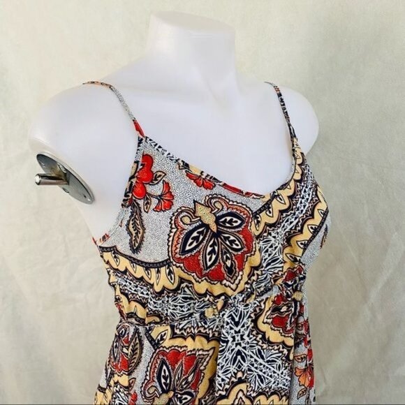Almost Famous Grey Orange Yellow Spaghetti Strap Pixie BOHO Floral Print Dress M - Picture 6 of 12